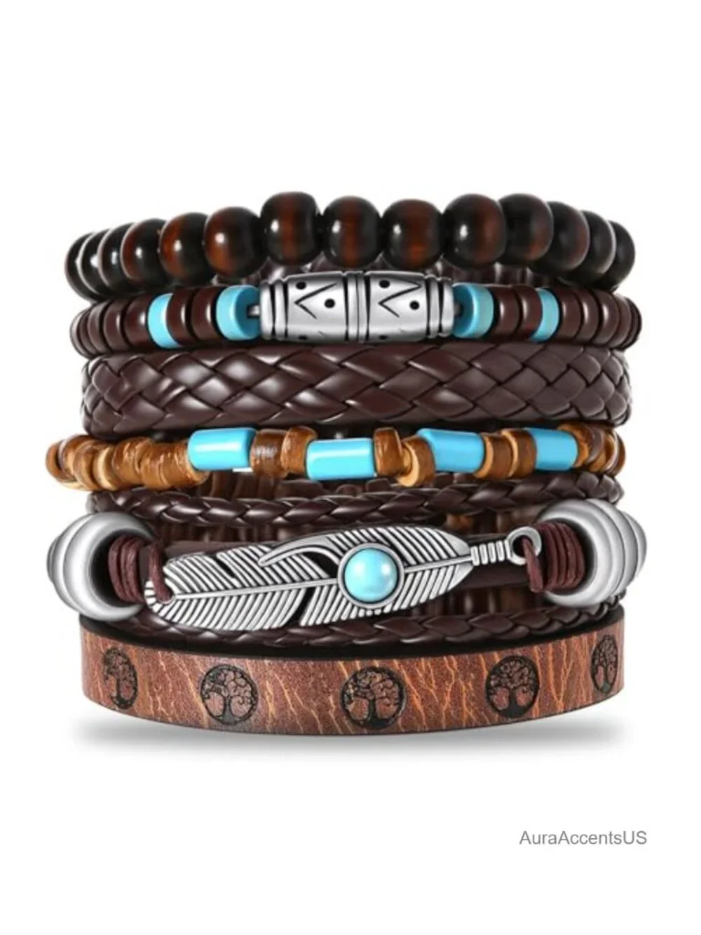 Faux Leather Turquoise Beaded Western Cuff Bracelet for Women Men Bohemian